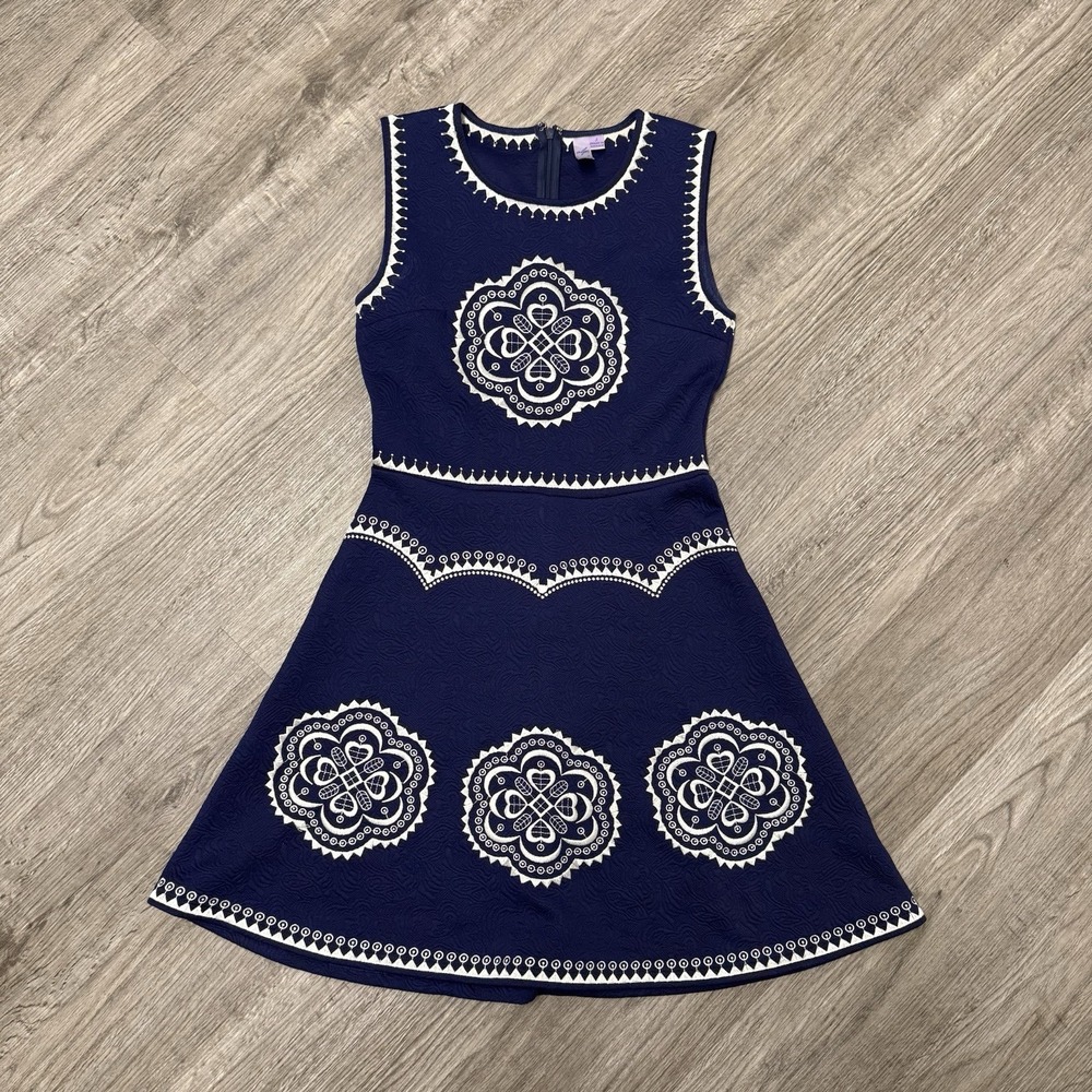 Alya Navy Blue White Embroidered Medallion Fit Flare Dress Small Folk heritage